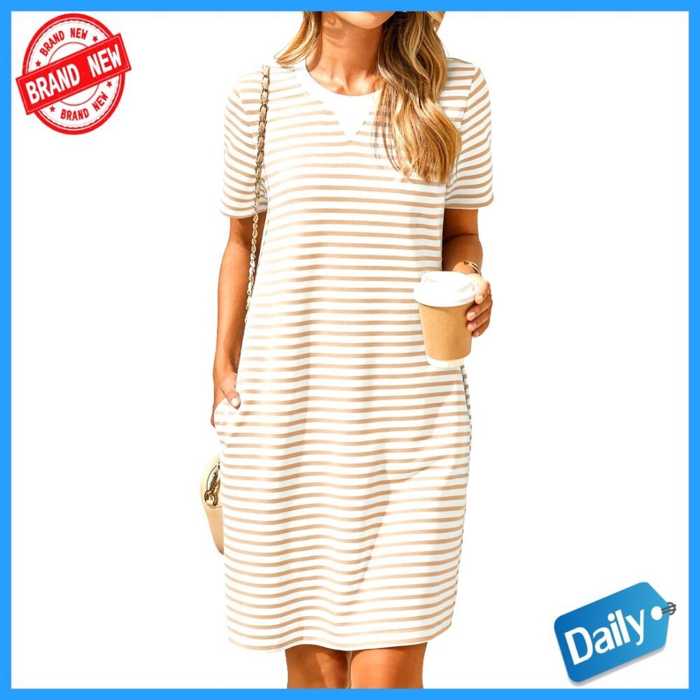 Striped Shift Dress Casual Summer Tshirt Style Knee Length with Pockets